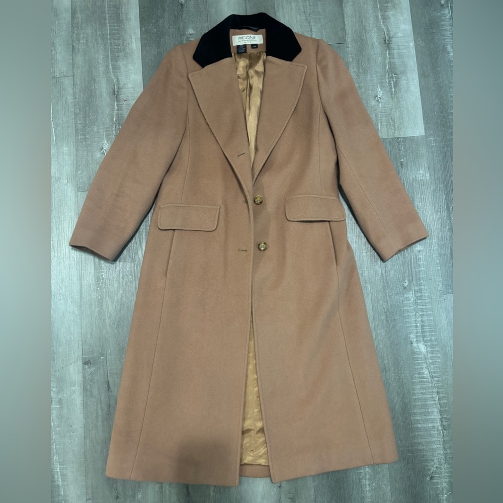 Vintage Evan Picone Camel Trench Coat with Black Velvet Collar